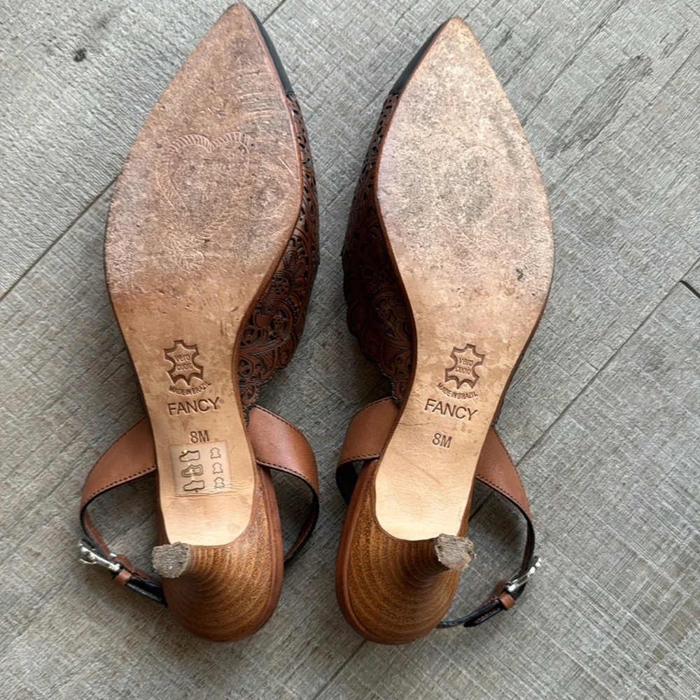 Brighton Fancy Brown & Black Laser Cut Kitten Heel Slingback Shoes Size 8 - Picture 6 of 10